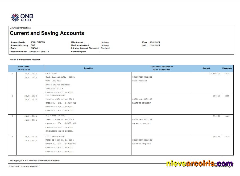 Qatar QNB Alahli bank statement 3 – 6 months Word and PDF example, version 2